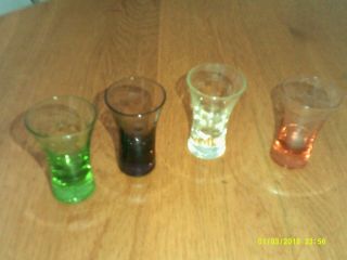 Set Of 4 Small Vintage Etched Glass Shot Glasses Multi Colors