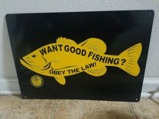 Vintage Want Good Fishing Obey The Law Porcelain Sign 1940 