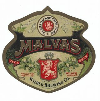 Wilber Brewing Malvas Beer Label Pre Prohibition Wilber Ne