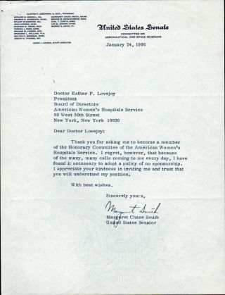 Senator Margaret Chase Smith Signed Letter - 1966