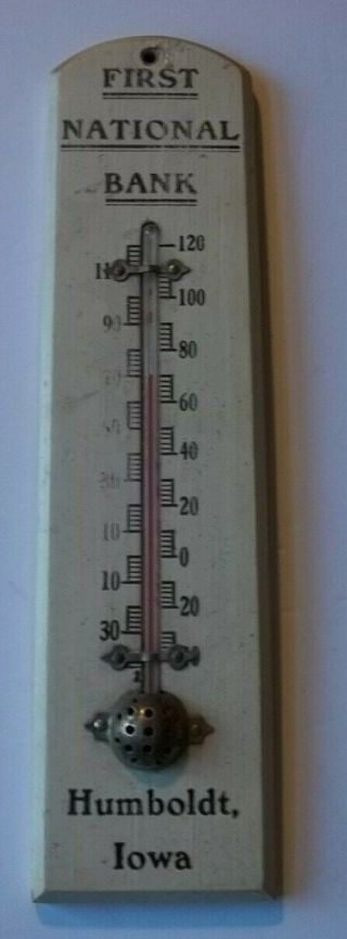First National Bank Humboldt Iowa Advertising Antique Wood Thermometer