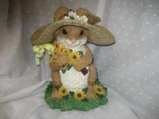 Yard Ornament Bunny With Floppy Straw Hat In Sunflower Patch