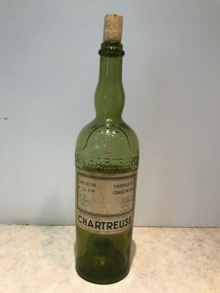 Antique Chartreuse Glass Liquor Bottle Made In France Rare Vgc