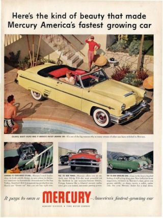 1954 Mercury Print Ad Monterrey Convertible & Transparent Top Yellow,  Green,  Red