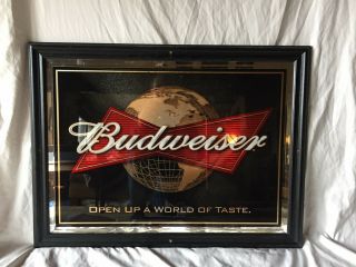 Budweiser Bar Sign Mirror,  " Open Up The World Of Taste ",  Wood Frame,  27 " X 35 "