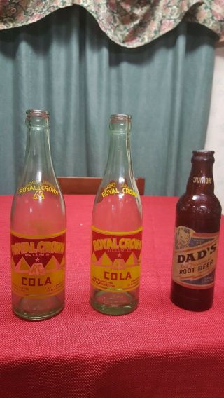 Vintage 1936 Royal Crown Rc Cola Bottles And 1950 Dads Root Beer Paper Label