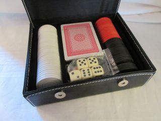 Portable Poker Chip Set - 2 Decks Of Cards - Dice - 68 Black/red/white Chips