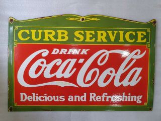 Coca Cola Curb Service 27 X 17 Inches Vintage Enamel Sign
