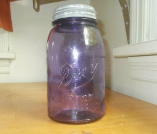Drey Perfect Mason Amethyst Quart Fruit Jar Over 100 Years Old Neck Seal W/lid