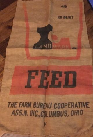 Vintage Landmark Feed Burlap 100 Lb Grain Sack.  Columbus,  Oh.  Farm.  Ranch