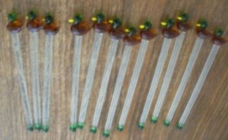 Set Of 12 Vtg Mallard Duck Glass Cocktail Drink Stirrers Swizzle Sticks Green