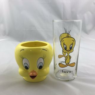 Looney Tunes Tweety Bird 3d Ceramic Mug & Glass 18 Oz Warner Brothers 1989 Head