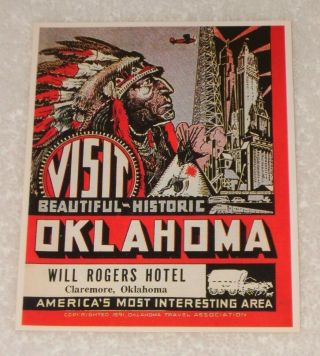 Vintage Style Will Rogers Hotel Claremore,  Ok Indian Luggage Label Sticker