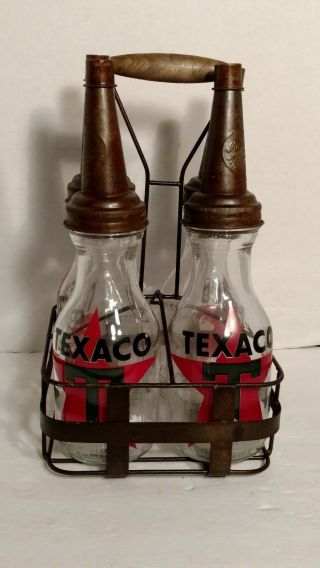 (4) Texaco Star Gas Station Motor Oil Glass Bottles With Carrying Crate