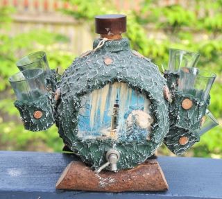 Antique/vintage Whiskey Barrel Keg With Stand And 5 Shot Glasses From Italy