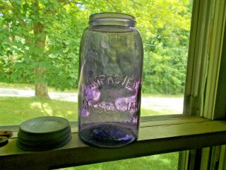 Improved Mason Jar Amethyst Purple 1890s Quart Fruit Jar With Zinc Lid
