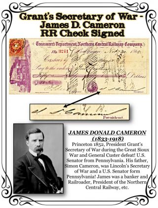 Grant’s Secretary Of War James Donald Cameron Rr Check Signed