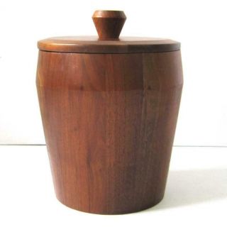Vintage Mid Century Ice Bucket Vermillion Solid Walnut Wood Plastic Lined 12 "