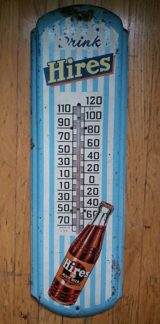 Rare Antique American Hires Root Beer Metal Thermometer Soda Bottle Art Sign