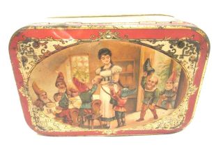 Antique Fairy Tale Snow White Dwarves Gnomes Biscuit Tin 1900s