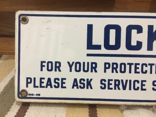 Vintage Porcelain Locked For Your Protection Sign Restroom Salesman Key Gas 2 2