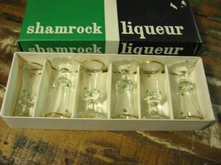 Shamrock Cordial Glasses Set Of 6 Irish Republic Labels Gold Rim Vintage