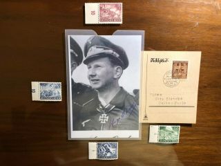 Lt.  Hugo Broch,  German Pilot Ace,  Signed Photo / Third Reich Stamps,  Ecv=$100