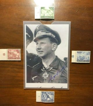 Lt.  Hugo Broch,  German Pilot Ace,  Signed Photo / Third Reich Stamps,  ECV=$100 2