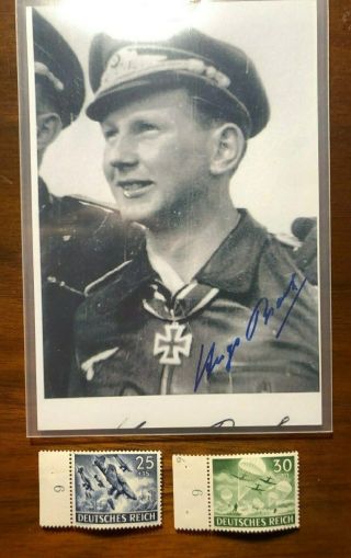 Lt.  Hugo Broch,  German Pilot Ace,  Signed Photo / Third Reich Stamps,  ECV=$100 5