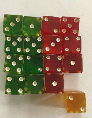 12 Vintage Bakelite Dice Translucent Green And Red And 1 Yellow