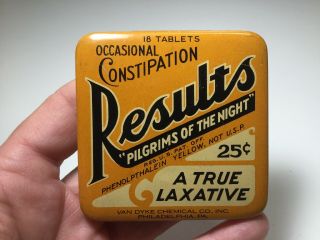 Vintage Medicine Tin - Results “pilgrims Of The Night” Laxative Advertising