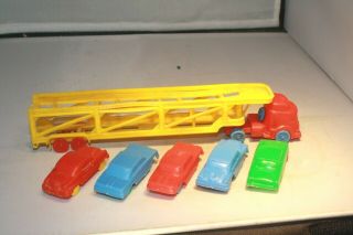 1960s Auto Transporter Tractor - Trailer Truck with 5 Cars Processed Plastics USA 2