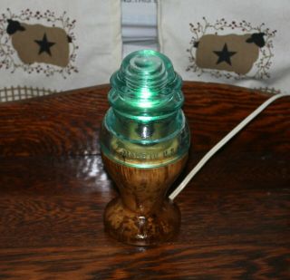 Vtg Antique Whitall Tatum No 1 Glass Insulator Lamp Wood Base Folk Art Light