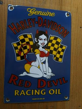Porcelain Harley - Davidson Sign Red Devil Racing Oil