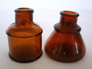 2 Antique Amber Brown Glass Inkwell Bottles Conical Cone & Cylindrical 2.  5 Inch
