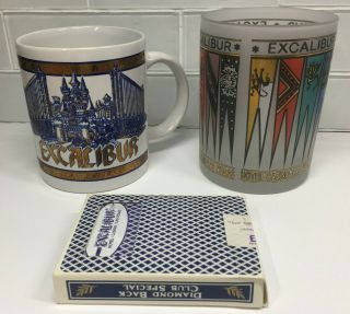 Vintage Las Vegas Excalibur Casino 3 Pc Set Cup Cards Glass Pre 1995 (b)