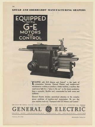 1931 General Electric Motors And Control On Gould And Eberhardt Shapers Print Ad