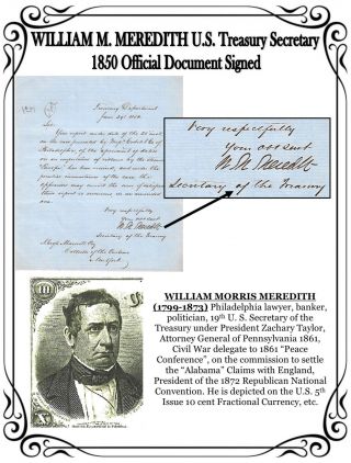William M.  Meredith U.  S.  Treasury Secretary 1850 Official Handwritten Signed Doc