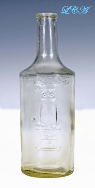 Scarce Round Owl Drug Co Bottle Bay Rum W/ Pic.  Of Great Horned Owl On Front