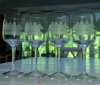 Set Of 4 Etched Clipper Ship Bar Glasses Wine Vintage 7 - 1/4”