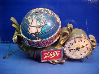 1976 SCHLITZ BEER Illuminated WORLD GLOBE Advertising DISPLAY w Clock 2