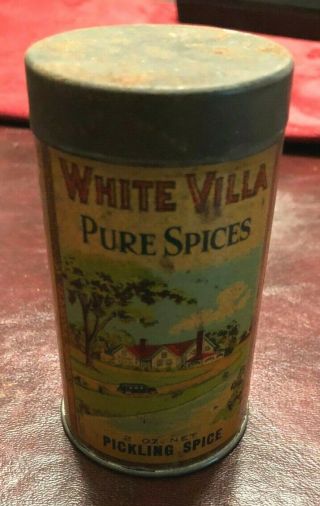 Antique White Villa Pickling Spice Tin Can 1920 