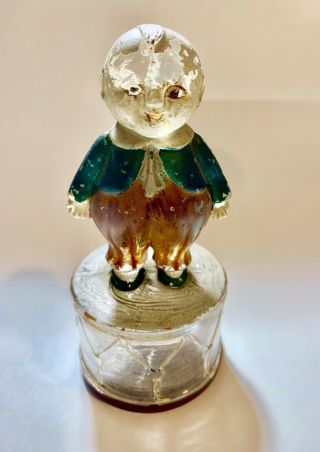 Happy Fat Antique Glass Candy Container & Bank - Boy Standing On Glass Drum