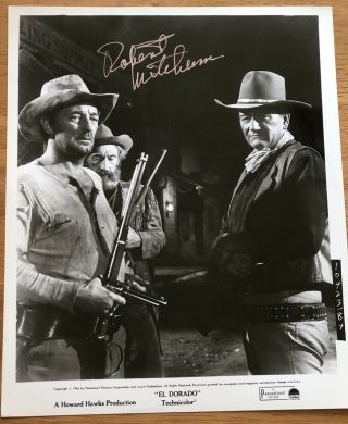 Actor Robert Mitchum Autograph Photo with John Wayne for the movie El Dorado 3