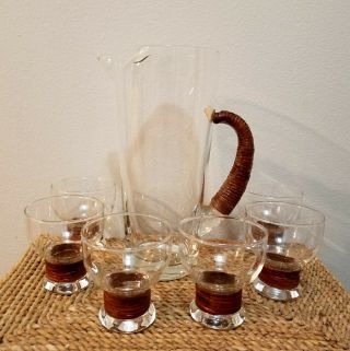 Drink/cocktail Pitcher - 6 Matching Glasses - Rattan Decoration - Tiki - Vintage