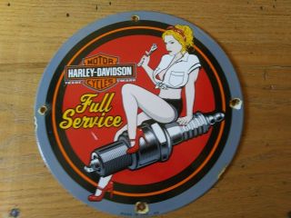 Porcelain Round Sign Harley Davidson Motorcycles Pin - Up Girl Full Service