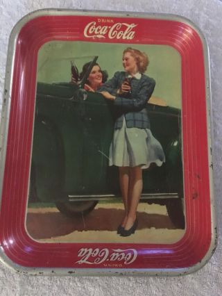 Vintage Coca - Cola Tin Tray 1942 Wwii Auto Advertising Two Girls W Car Roadster