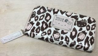 Hello Kitty Sanrio Womens Brown Leopard Print Pink Wallet Zip Up Billfold Euc