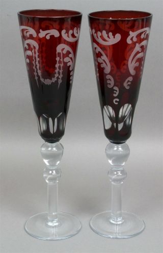 Set Of 2 Cut To Clear Ruby Red Wine Champagne Flutes Glasses 10 " X 2 - 3/4 "