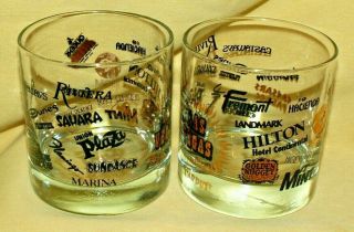 Las Vegas Glass Set 2 Hotel Strip Low High Ball Whiskey Barware Vintage Gold.